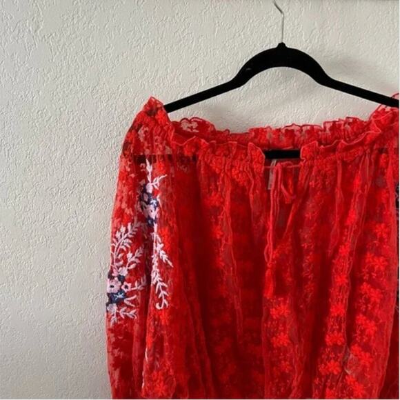 Free People Jubilee Embroidered Red Lace Blouse - Picture 5 of 9